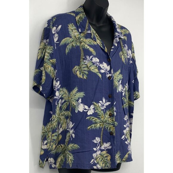 Hilo Hattie Women Size XL Extra Large Aloha Hawaiian Top Shirt Blue Floral EUC - Picture 2 of 7